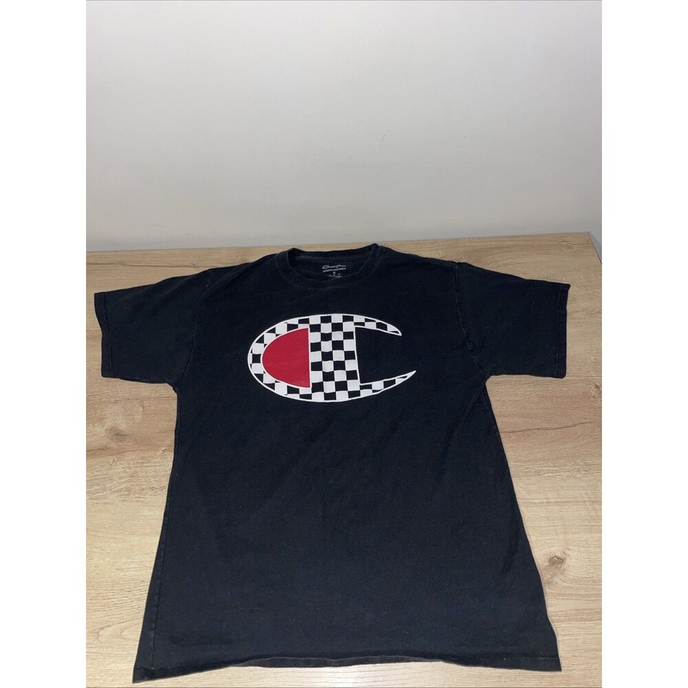 Champion T Shirt M Black Checkered Big C Logo Racing Checker Flag Mens Tee